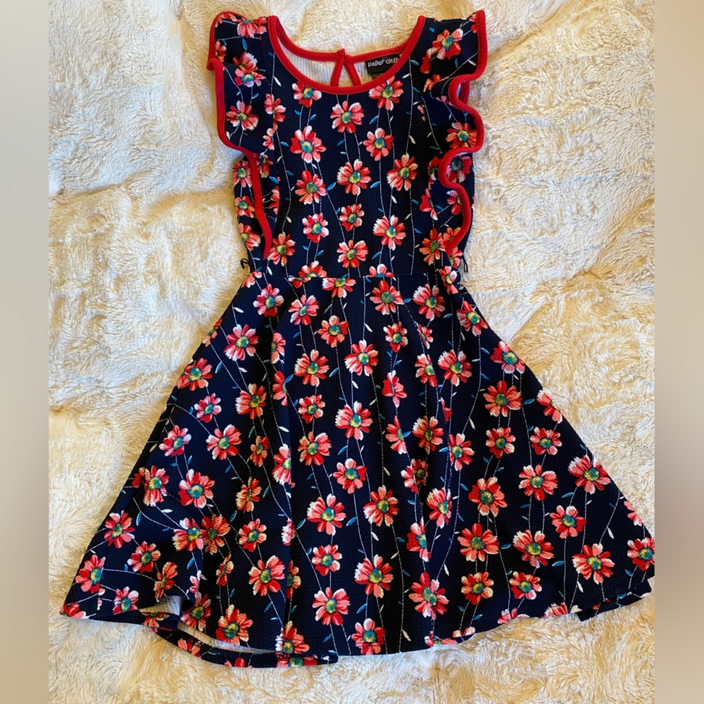 Paper Doll Navy Floral Kids Dress with Red Trim